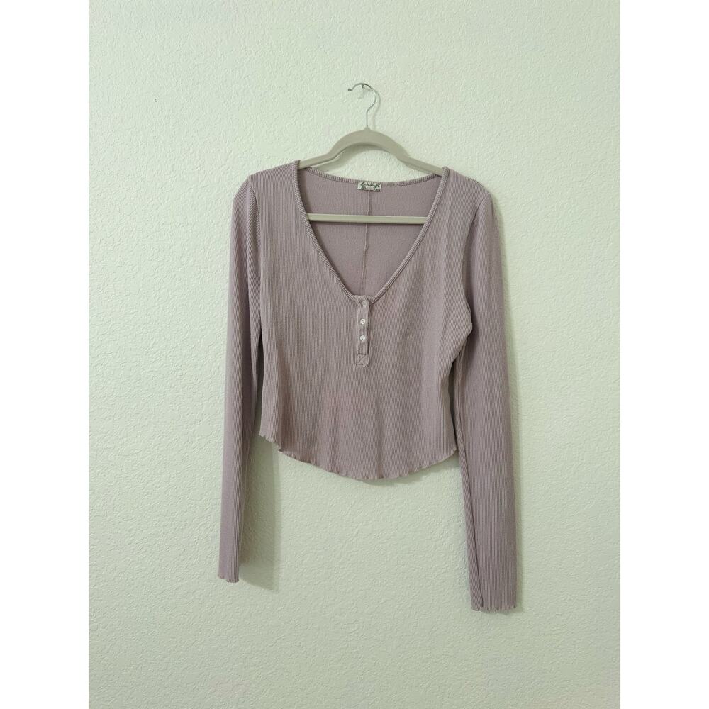 Intimately Free People Keep It Simple Ribbed Henley Long Sleeve Crop Top